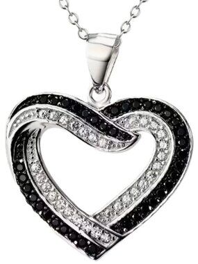 18k Gold Plated Pendant Necklace - Heart Shaped w/ Black & White Lab Created CZ
